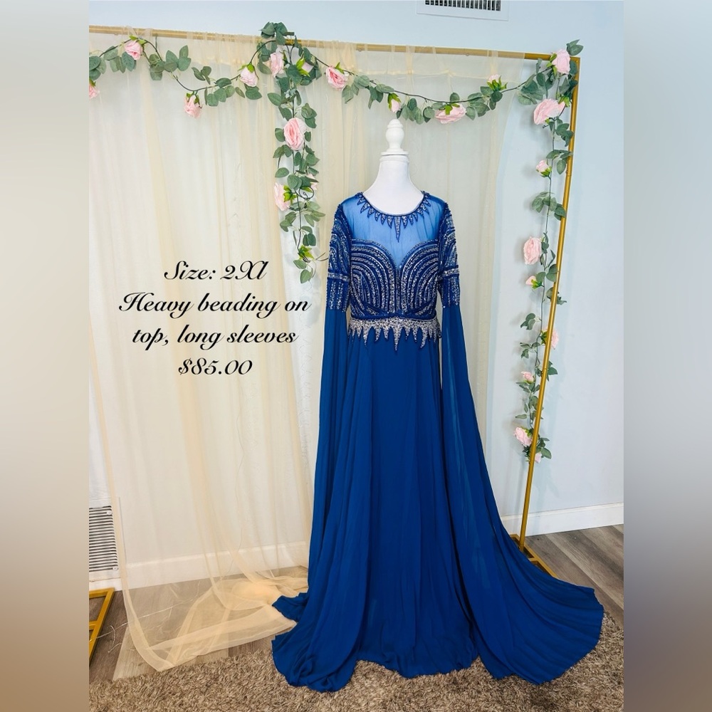 Royal Blue Long Sleeve Dress with Beaded Detail